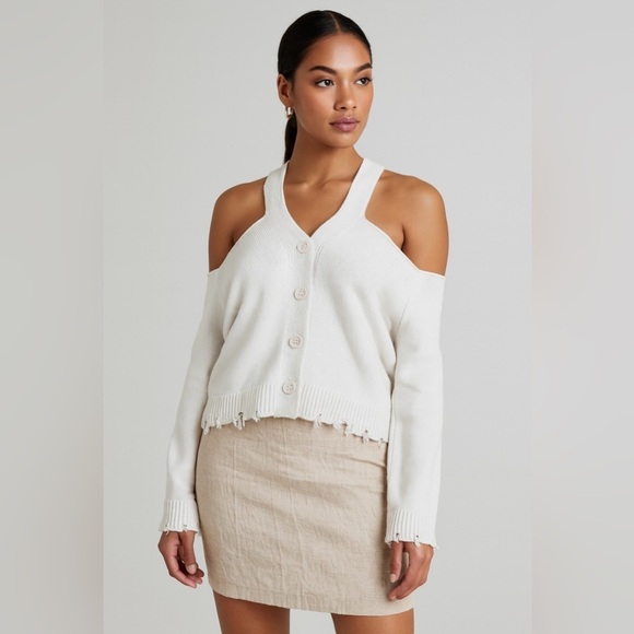 525 America Sweaters - 525 America Off Shoulder Button Front Cotton Sweater White Large NWT
